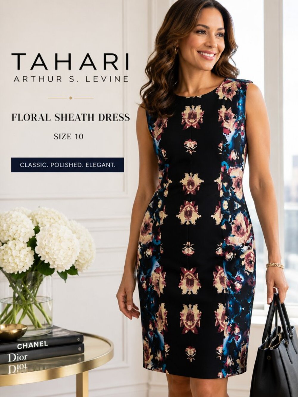 Tahari Arthur S. Levine Floral Sheath Dress Size 10 Black Blue Pink Career Cockt